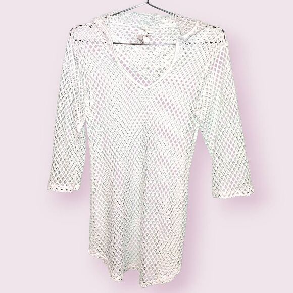 Alexa‎ & Stella Crochet Knit Coverup White Hoodie Pullover Mini Beachy Trendy - Picture 2 of 10